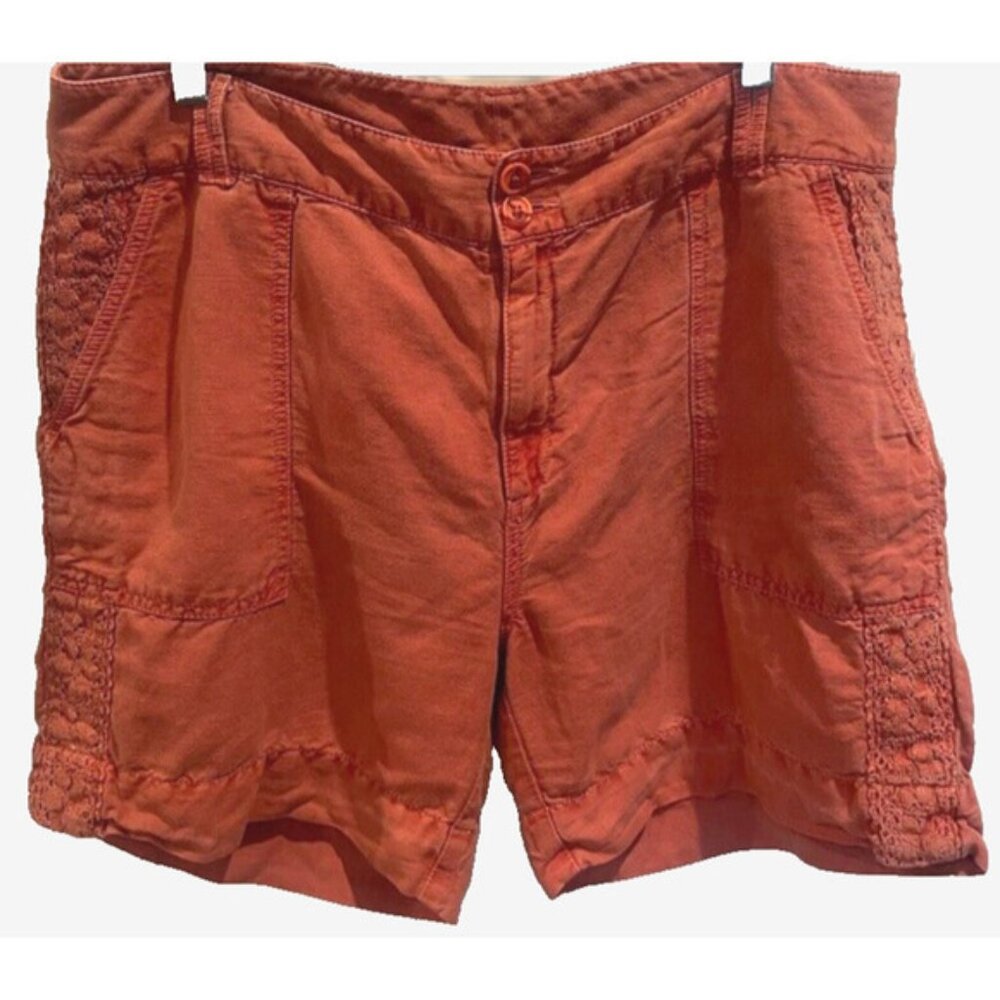 Sundance Women's 16/18 Linen Cotton Blend Bermuda Shorts Lace Trim washed red